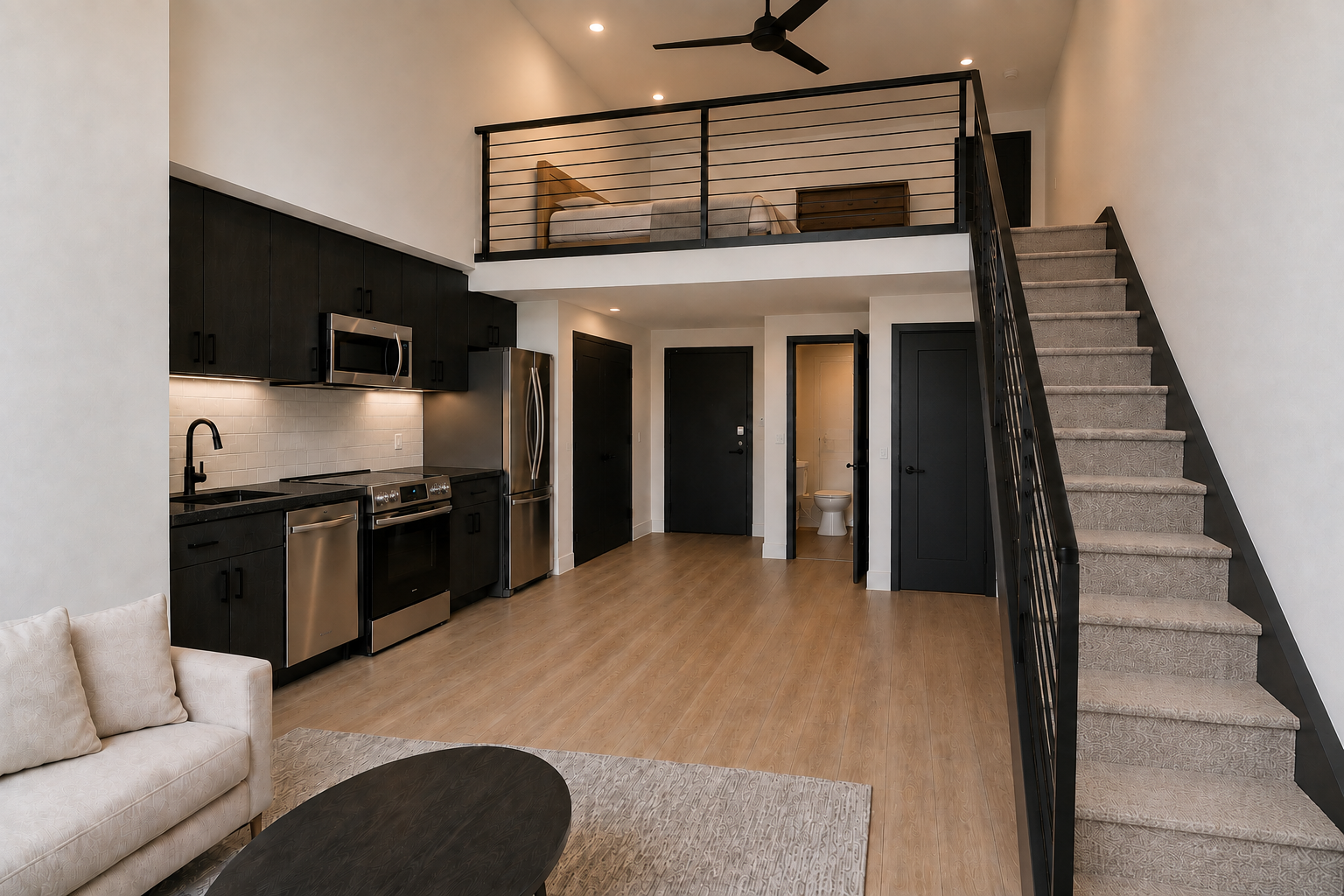 Two-level loft residence with open kitchen, wood floors, and a stair to the loft above