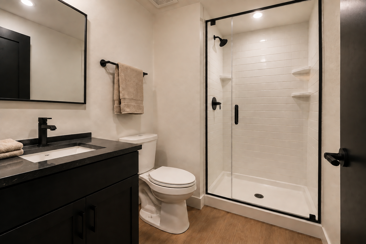 Residence bathroom with dark vanity, black quartz counter, framed mirror, and a glass walk-in shower