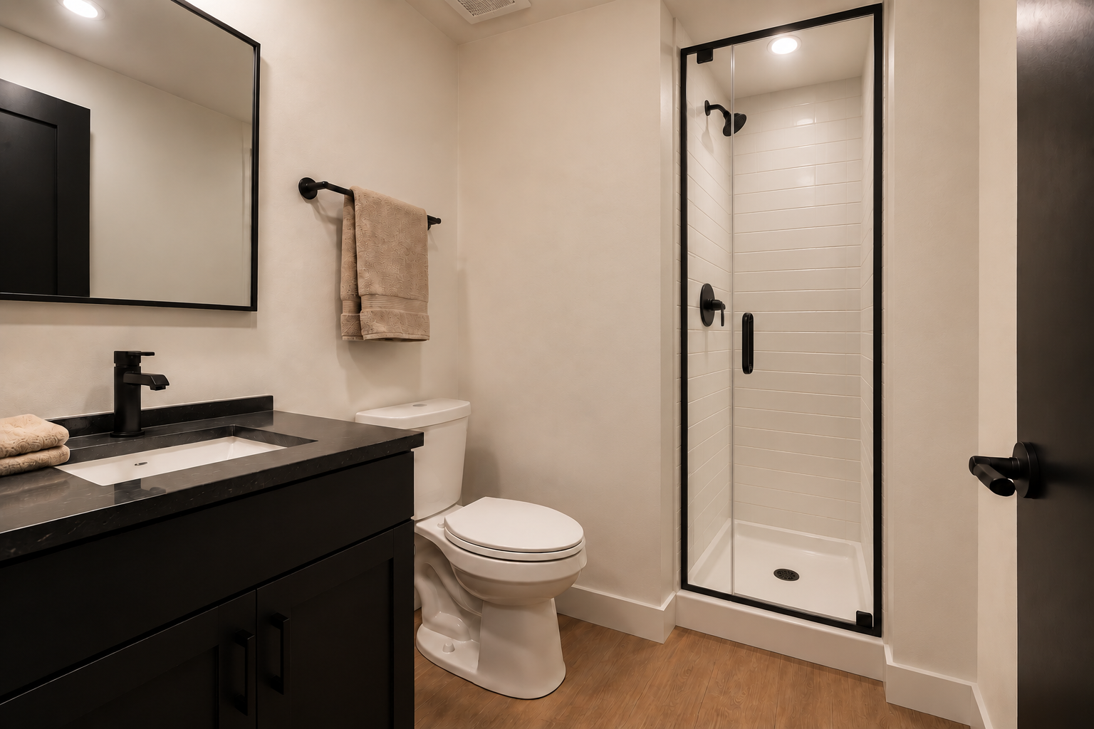 Modern residence bathroom with tiled shower and floating vanity
