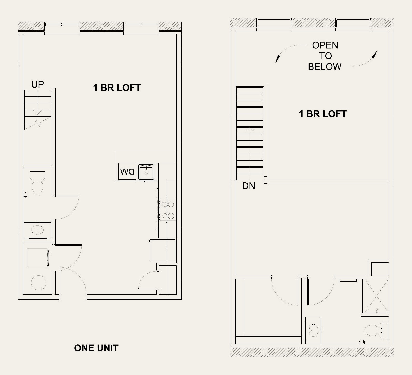 Architectural floor plan of a single one-bedroom loft across two levels
