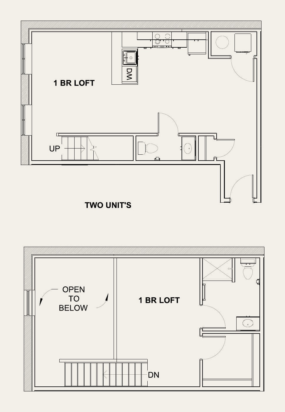 Architectural floor plan of two paired one-bedroom lofts across two levels